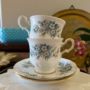 1960’s Pair of Queen Anne 8564 Floral Teacups + Saucers - Vintage Bone China Set